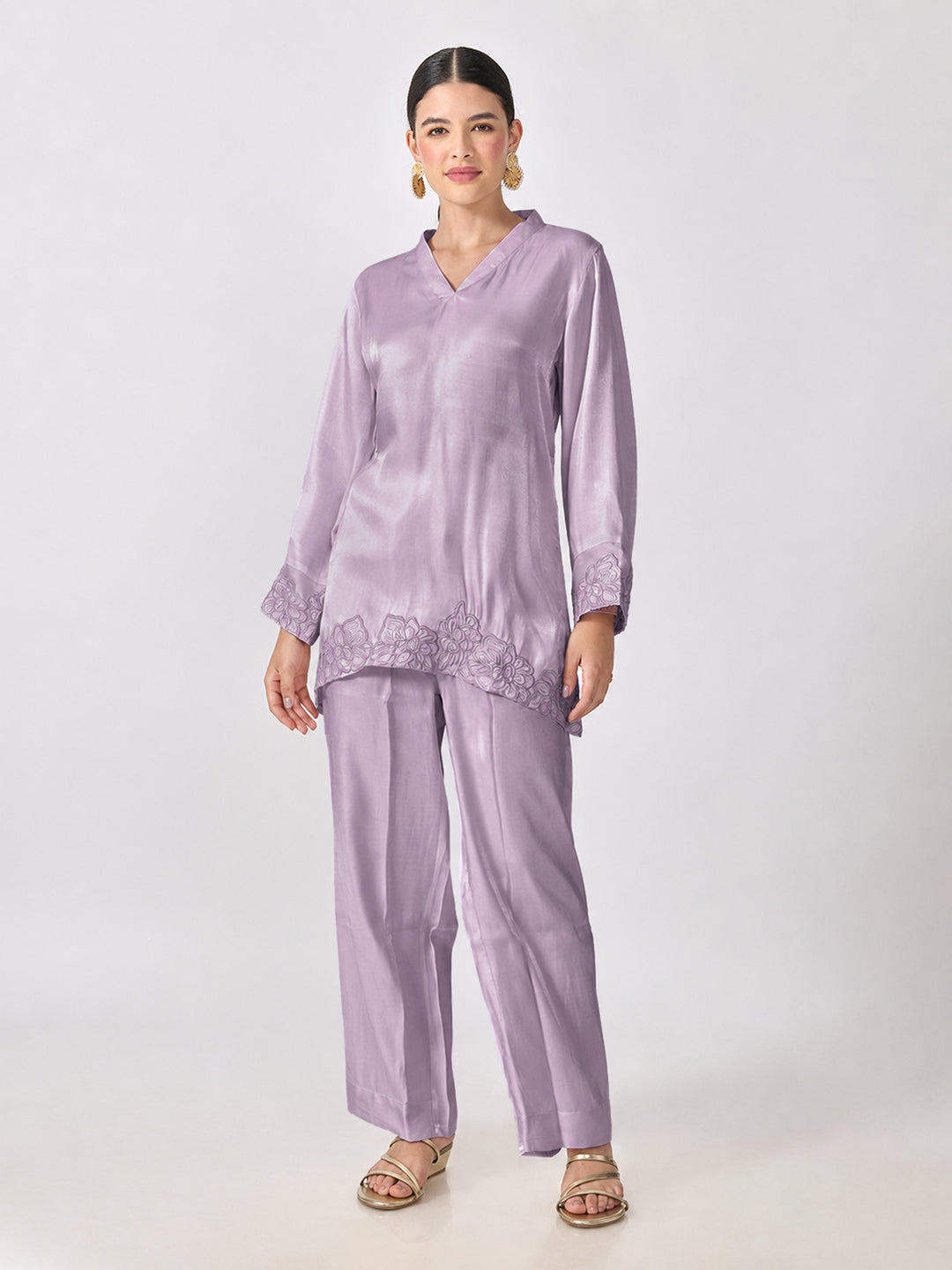 Women’s Floral Embroidered Purple A-Line Kurta Set