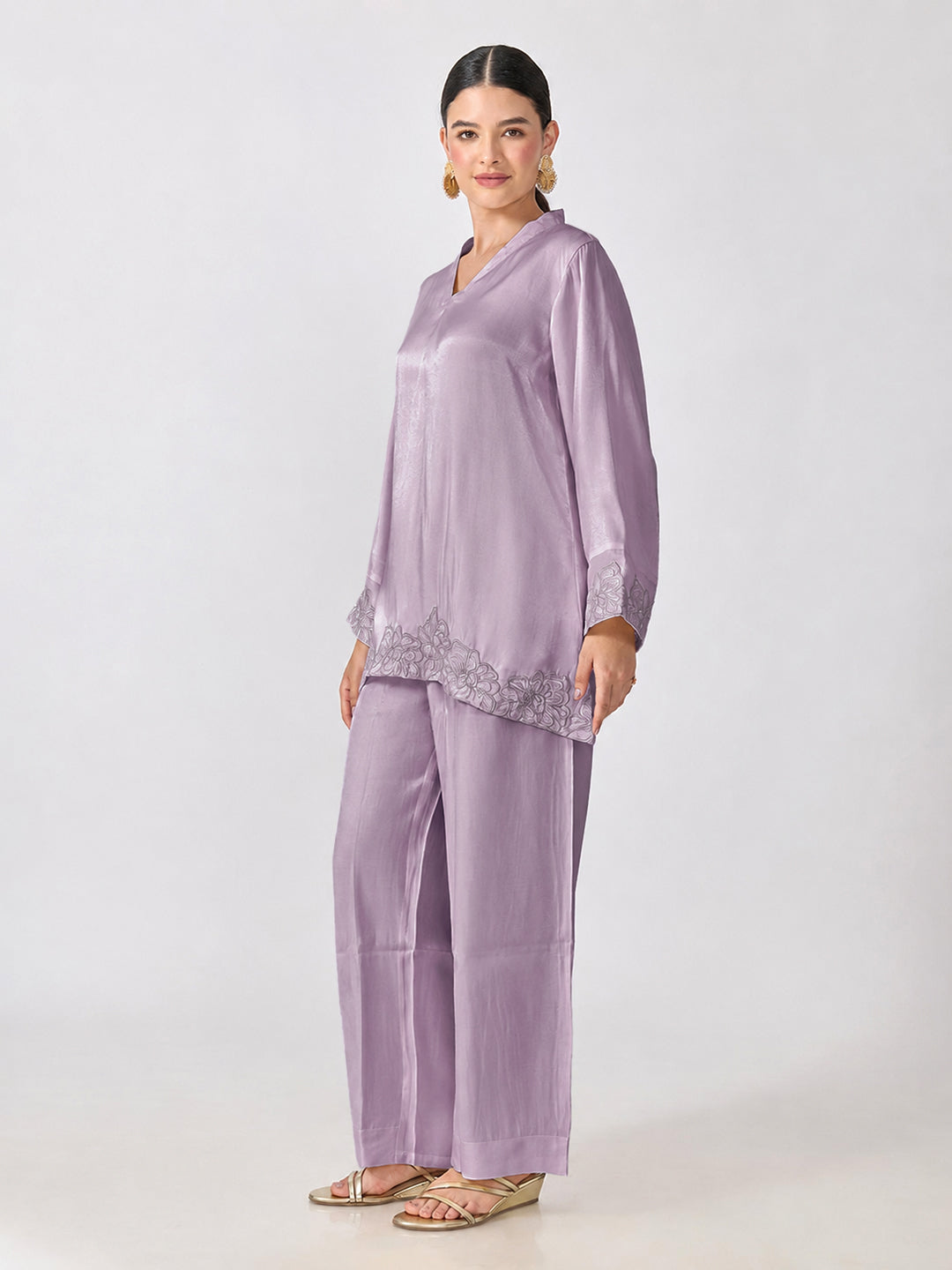 Women’s Floral Embroidered Purple A-Line Kurta Set