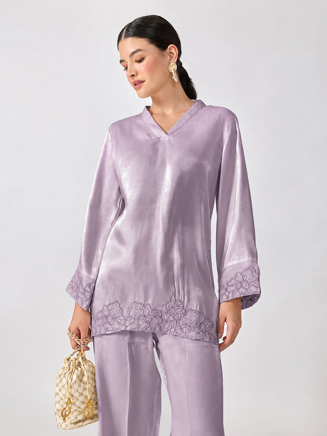 Women’s Floral Embroidered Purple A-Line Kurta Set