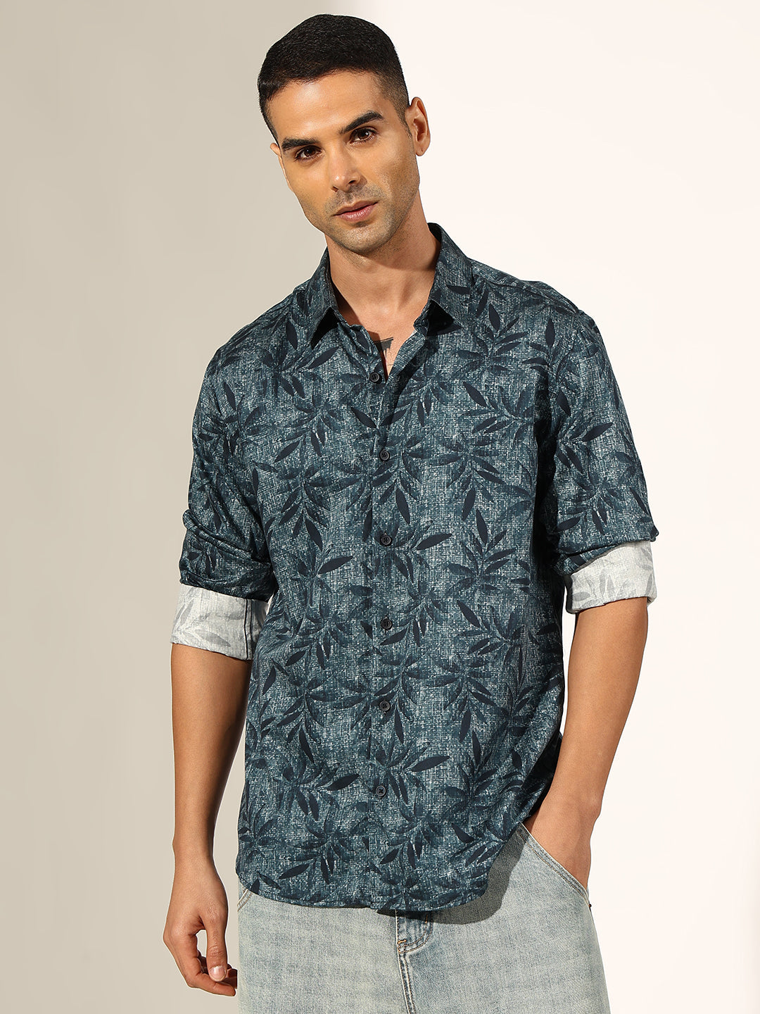 Men's Floral Blue Slim Fit Casual Shirt