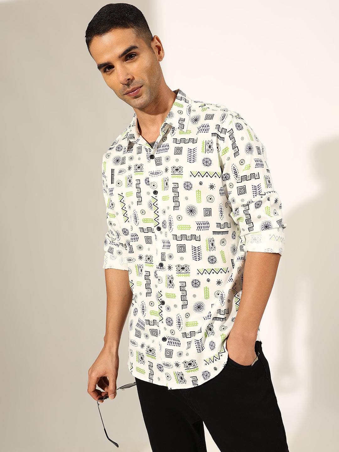 Men's Abstract White Regular Fit Casual Shirt