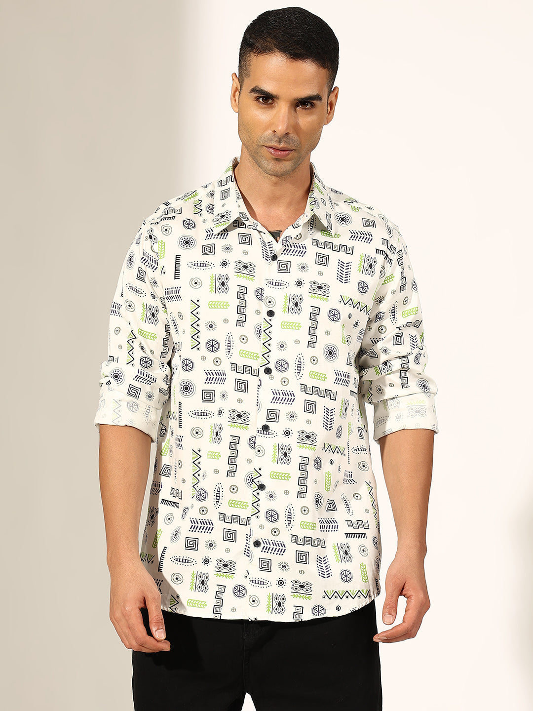 Men's Abstract White Regular Fit Casual Shirt
