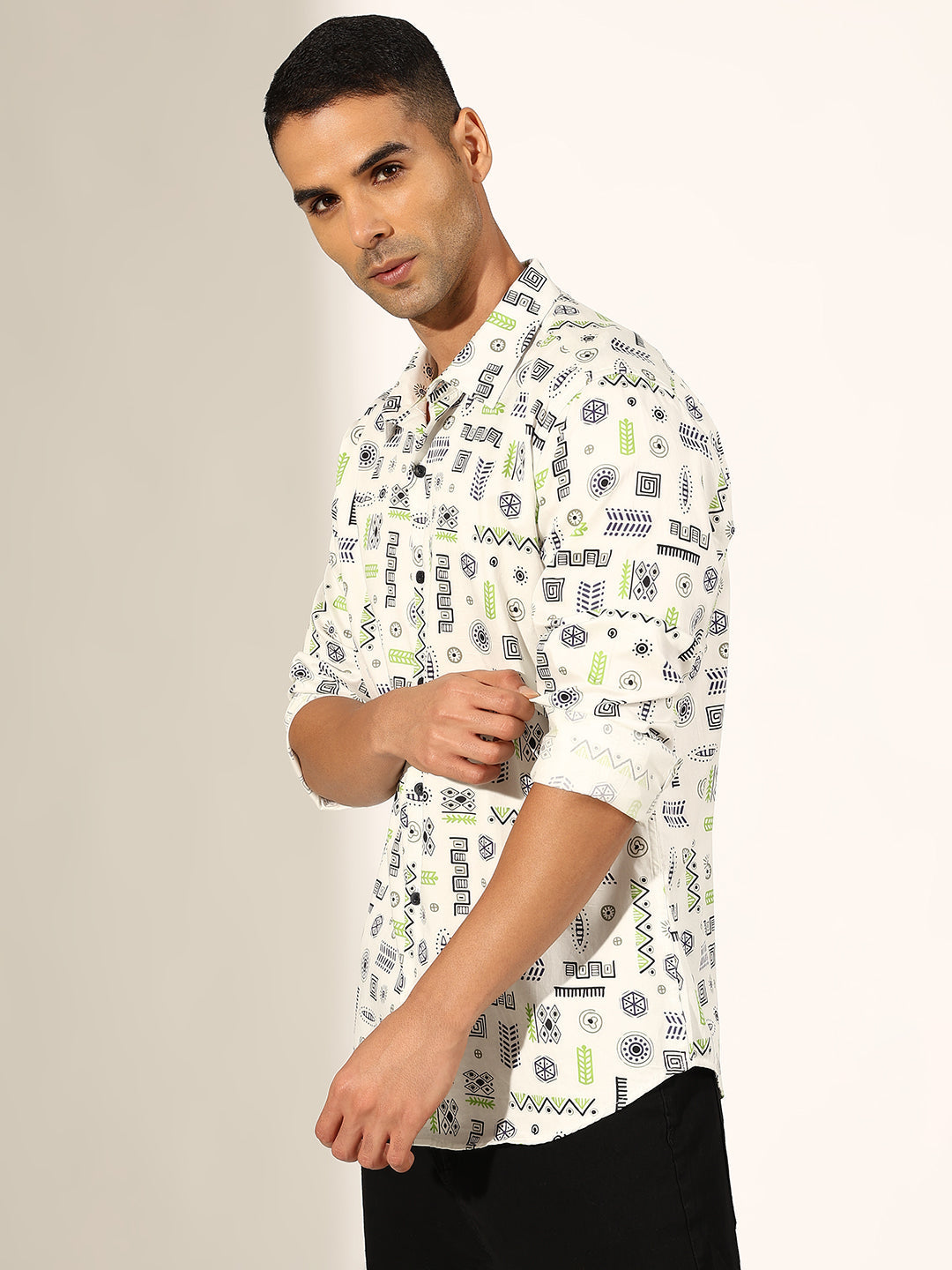 Men's Abstract White Regular Fit Casual Shirt