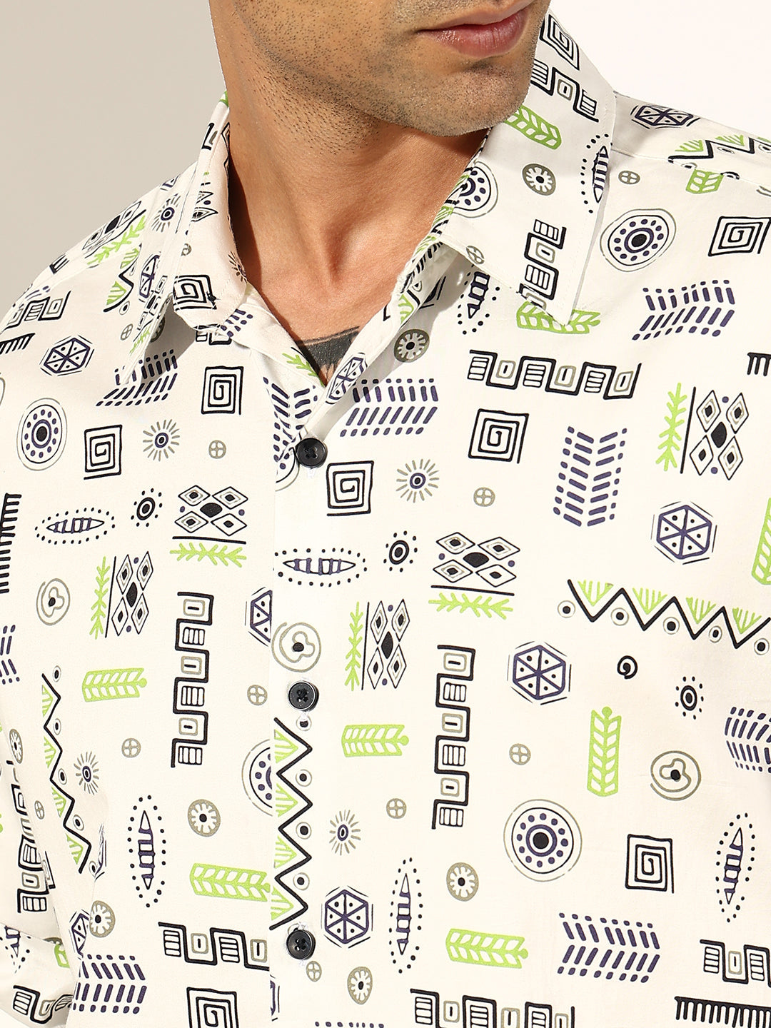 Men's Abstract White Regular Fit Casual Shirt