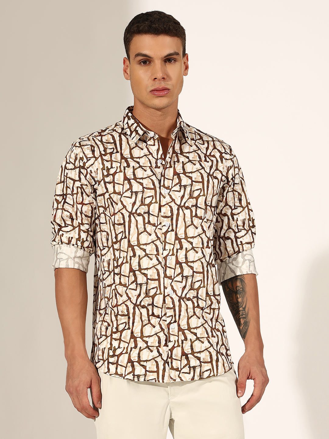 Men's Abstract Brown Regular Fit Casual Shirt