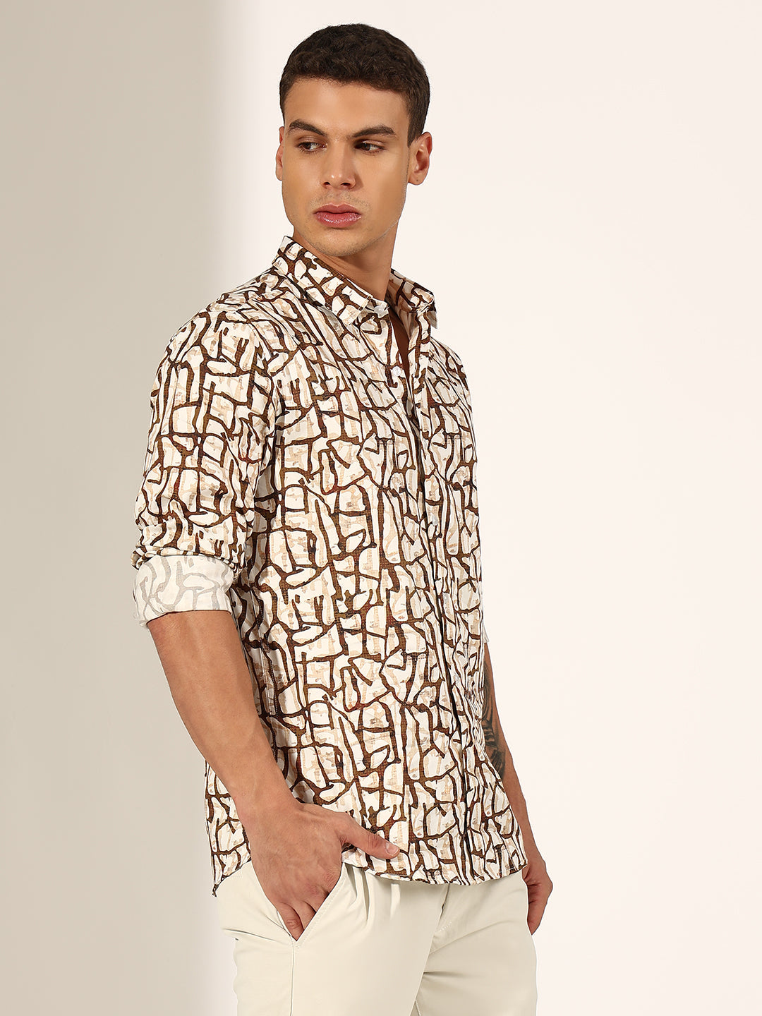 Men's Abstract Brown Regular Fit Casual Shirt
