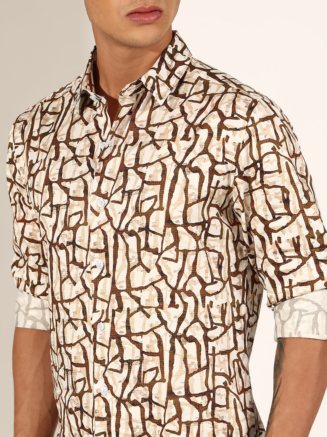 Men's Abstract Brown Regular Fit Casual Shirt