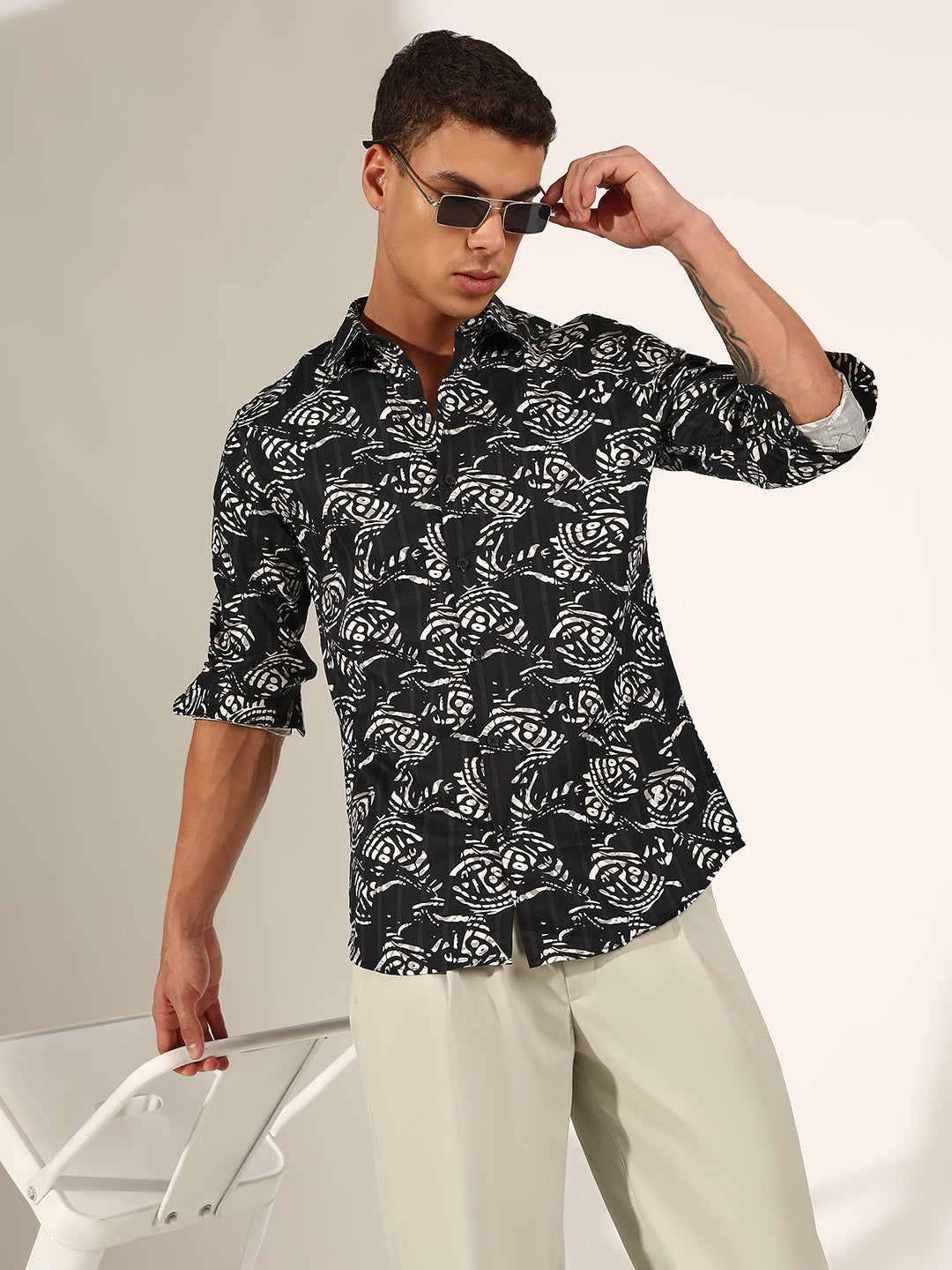 Men's Abstract Black Regular Fit Casual Shirt