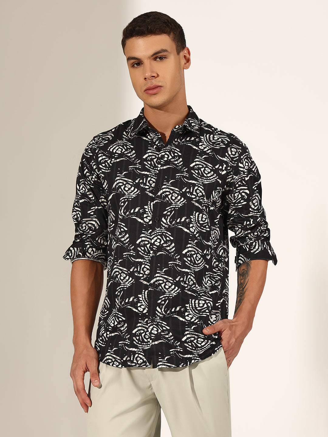 Men's Abstract Black Regular Fit Casual Shirt