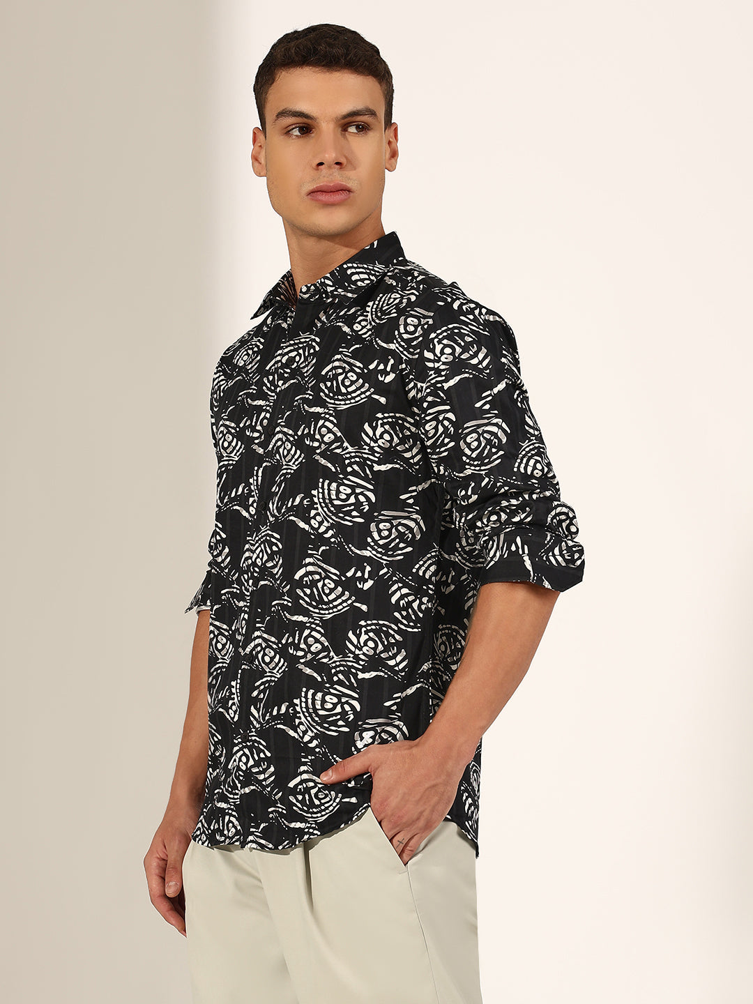 Men's Abstract Black Regular Fit Casual Shirt