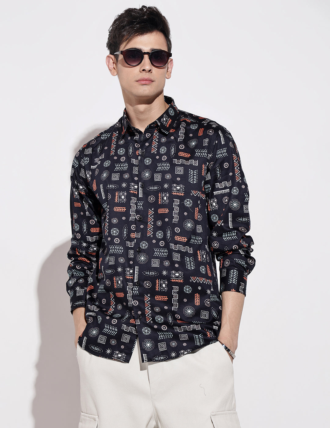 Men's Abstract Print Navy Blue Full Sleeve Regular Fit Shirt