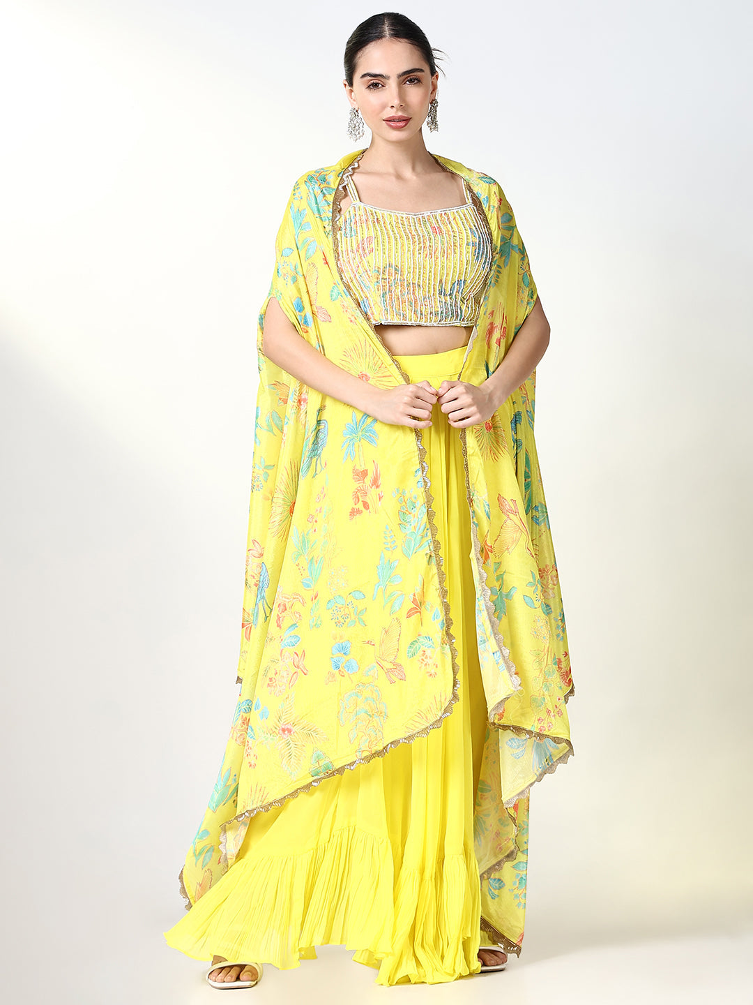 Women Yellow Embroidered Lehenga Choli with Overcoat