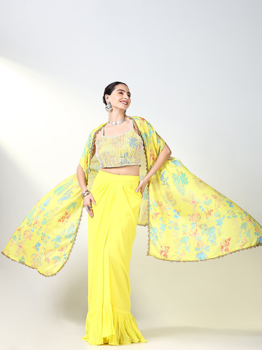 Women Yellow Embroidered Lehenga Choli with Overcoat