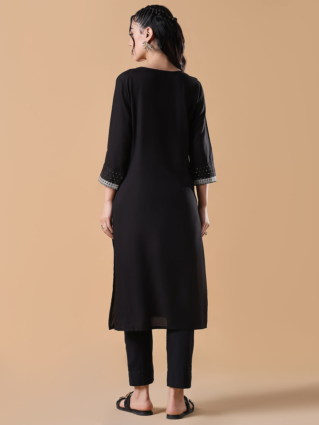 Women Black Solid Cotton Silk Straight Kurta