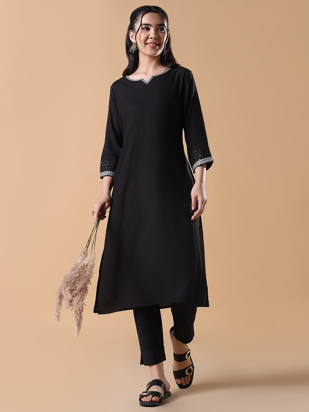 Women Black Solid Cotton Silk Straight Kurta