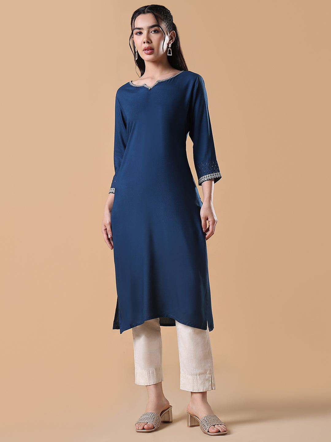 Women Blue Solid Cotton Silk Straight Kurta