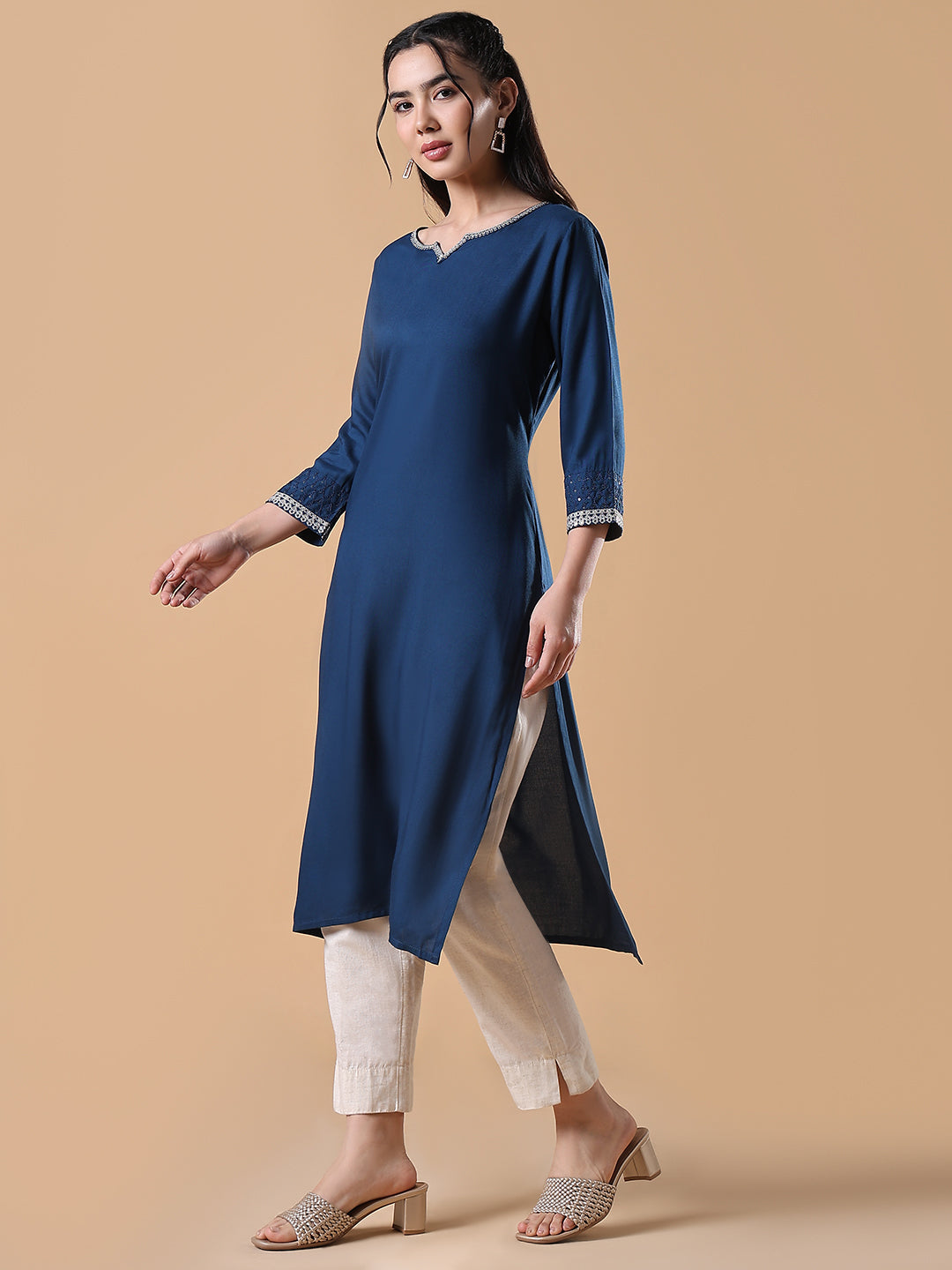 Women Blue Solid Cotton Silk Straight Kurta