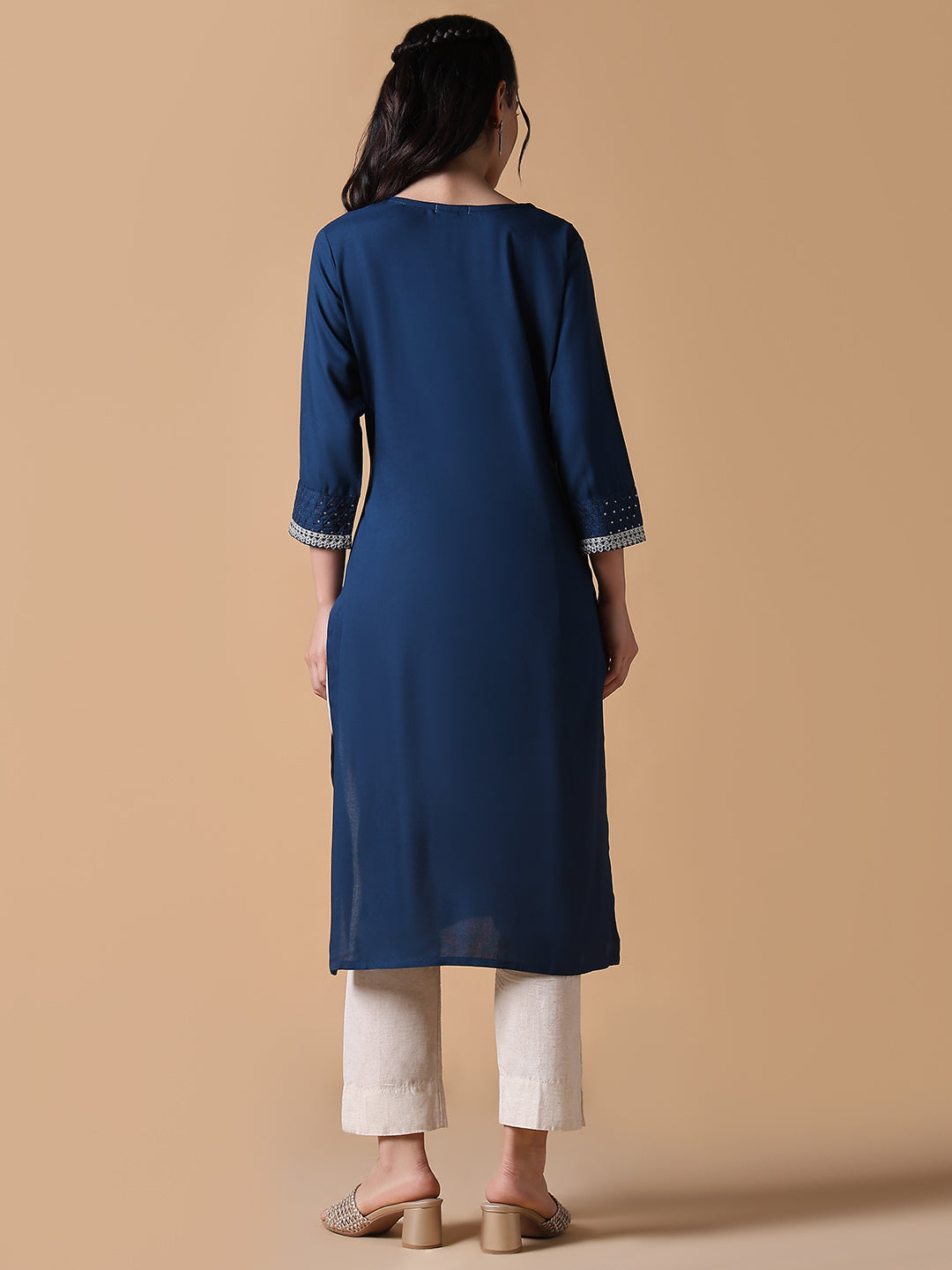 Women Blue Solid Cotton Silk Straight Kurta