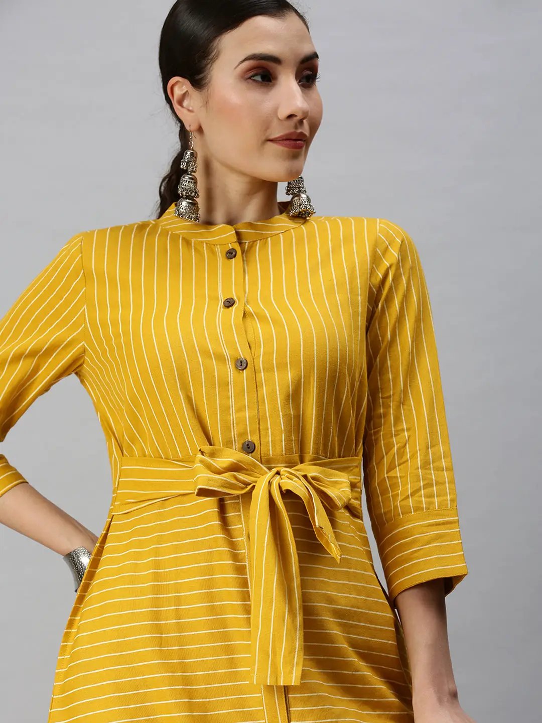 Women's Mandarin Collar Printed Yellow A-Line Kurta