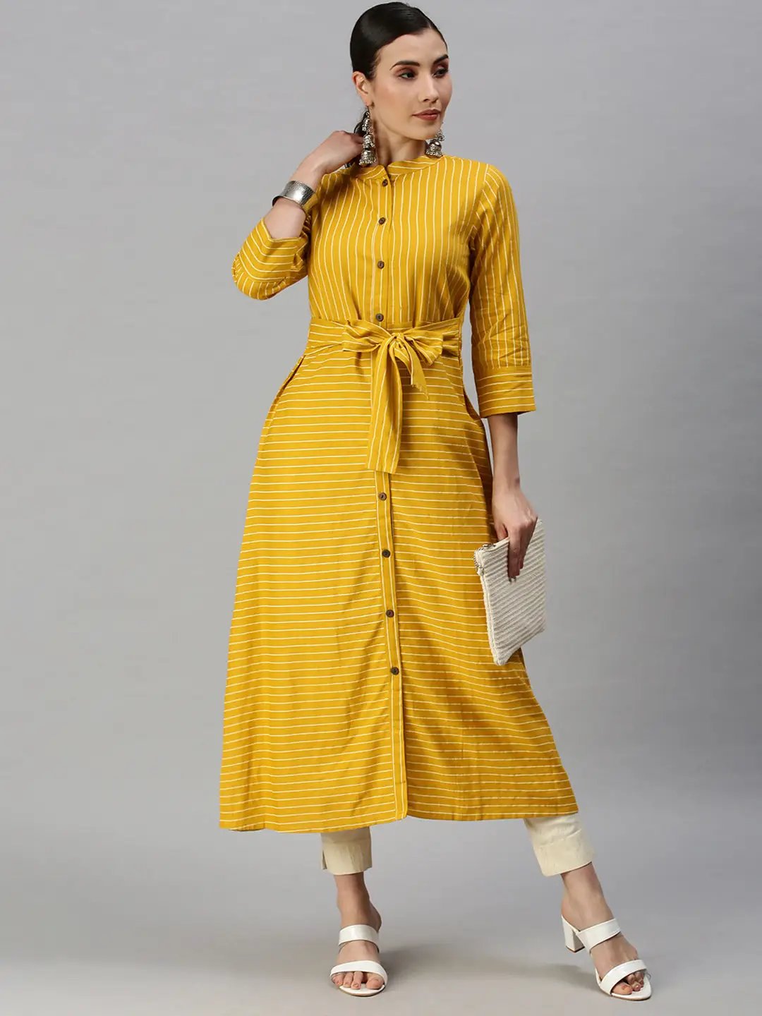Women's Mandarin Collar Printed Yellow A-Line Kurta
