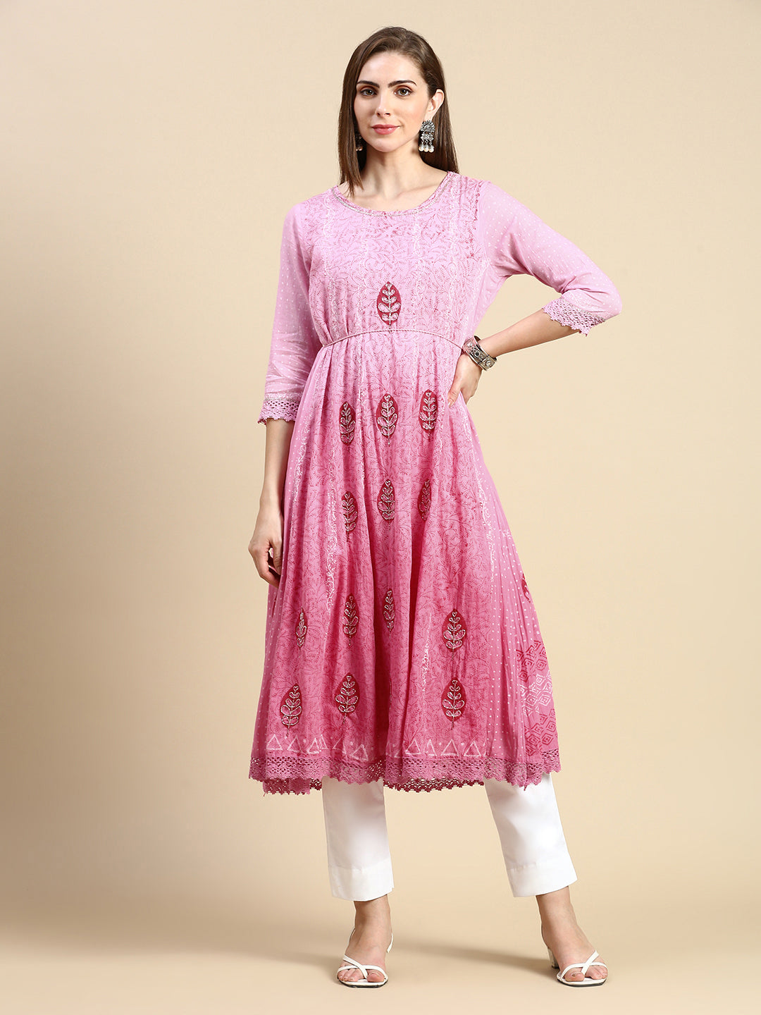 Women Floral Pink Anarkali Kurta