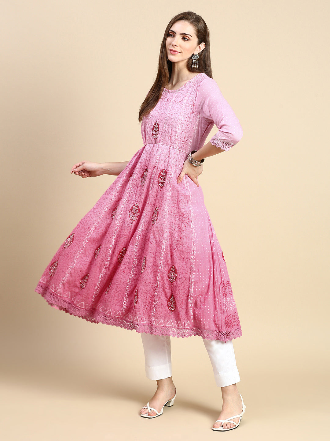 Women Floral Pink Anarkali Kurta