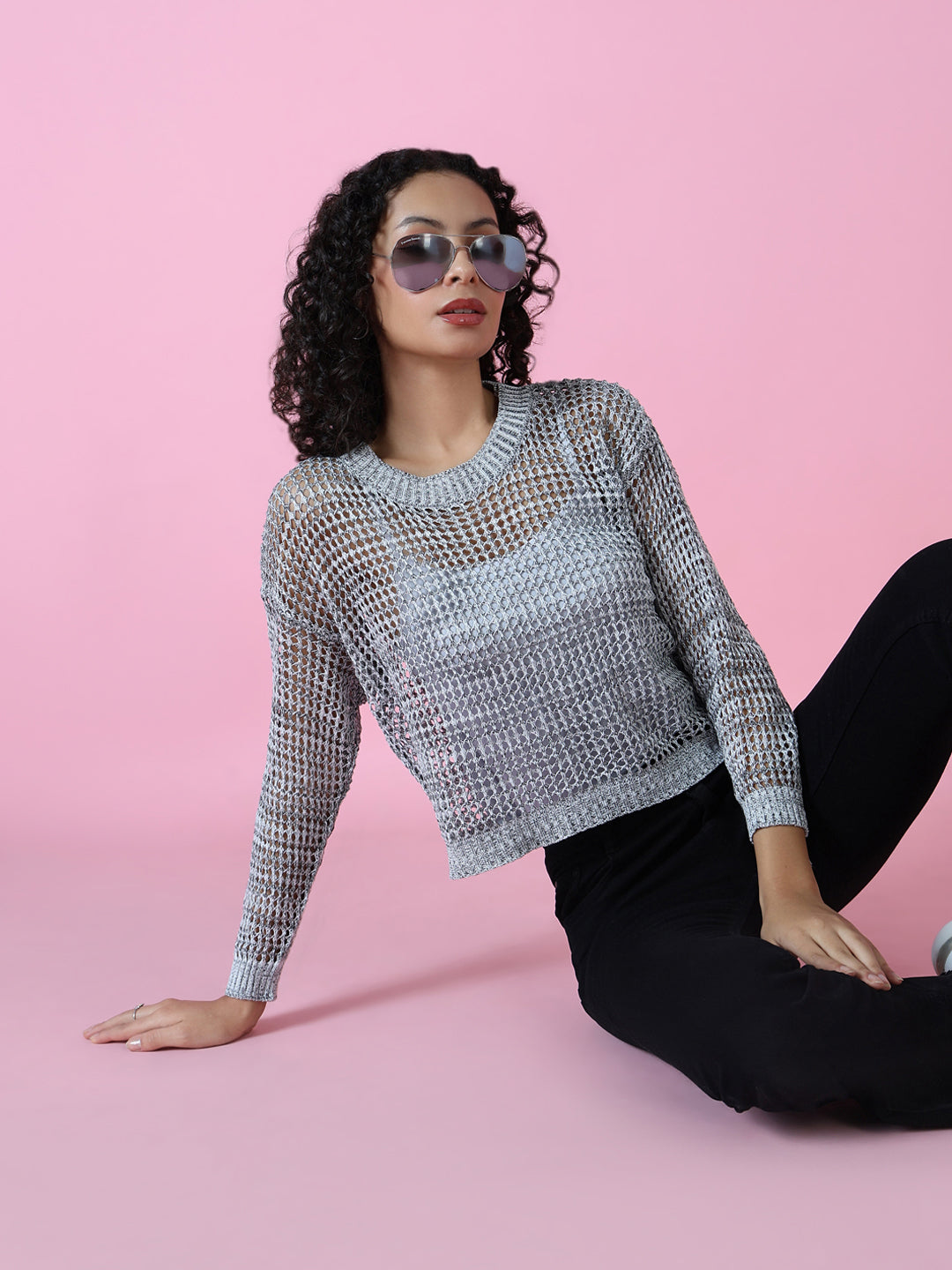 Women Grey Solid Crochet Top