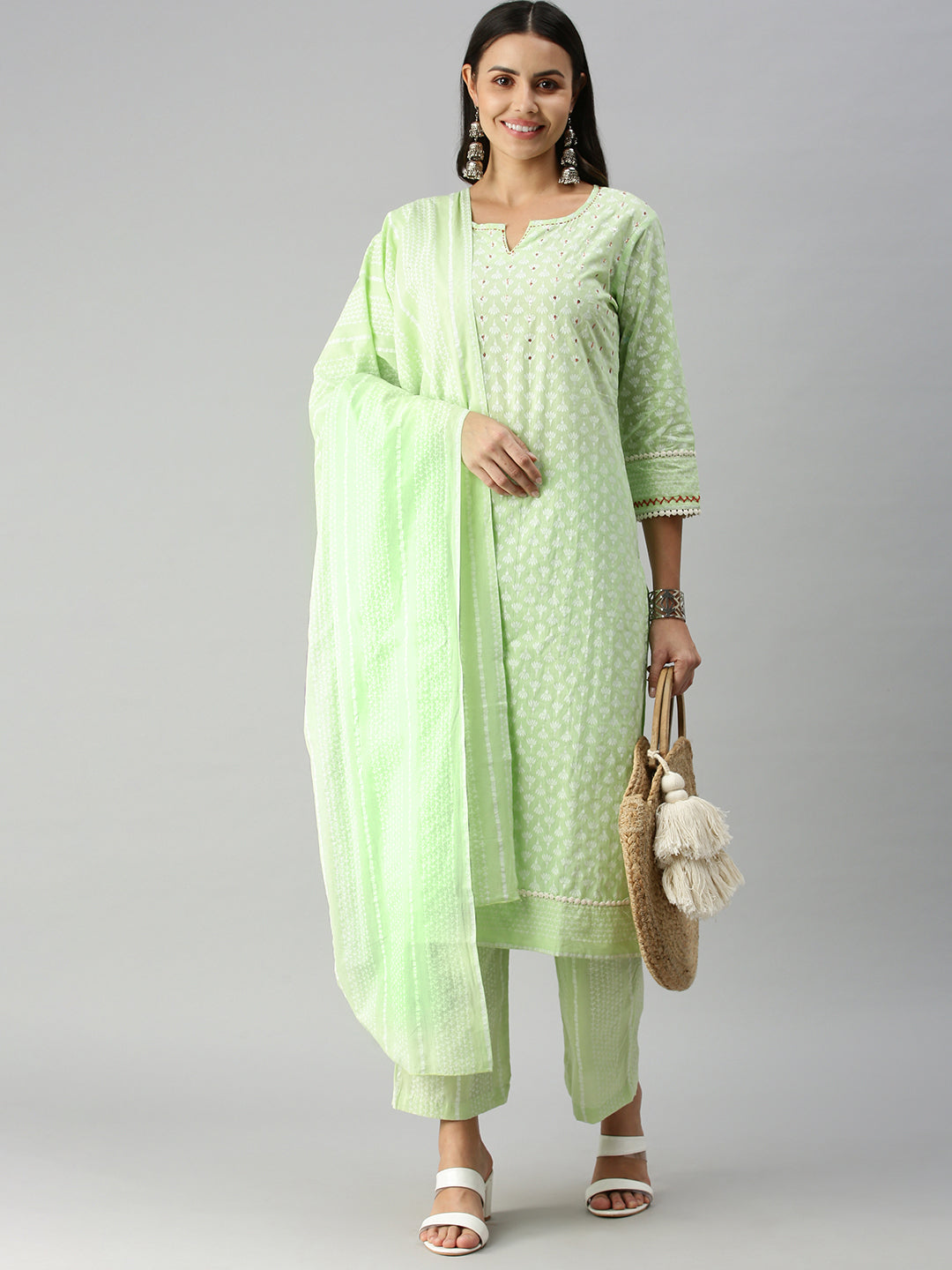 Women Straight Green Printed Kurta and Palazzos