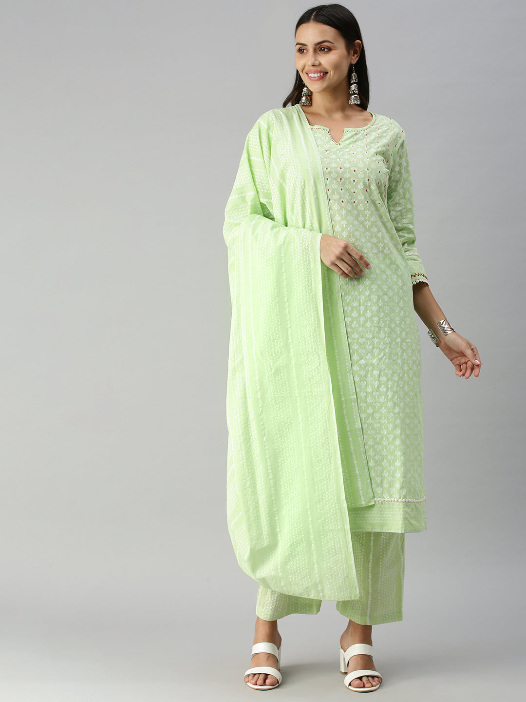 Women Straight Green Printed Kurta and Palazzos