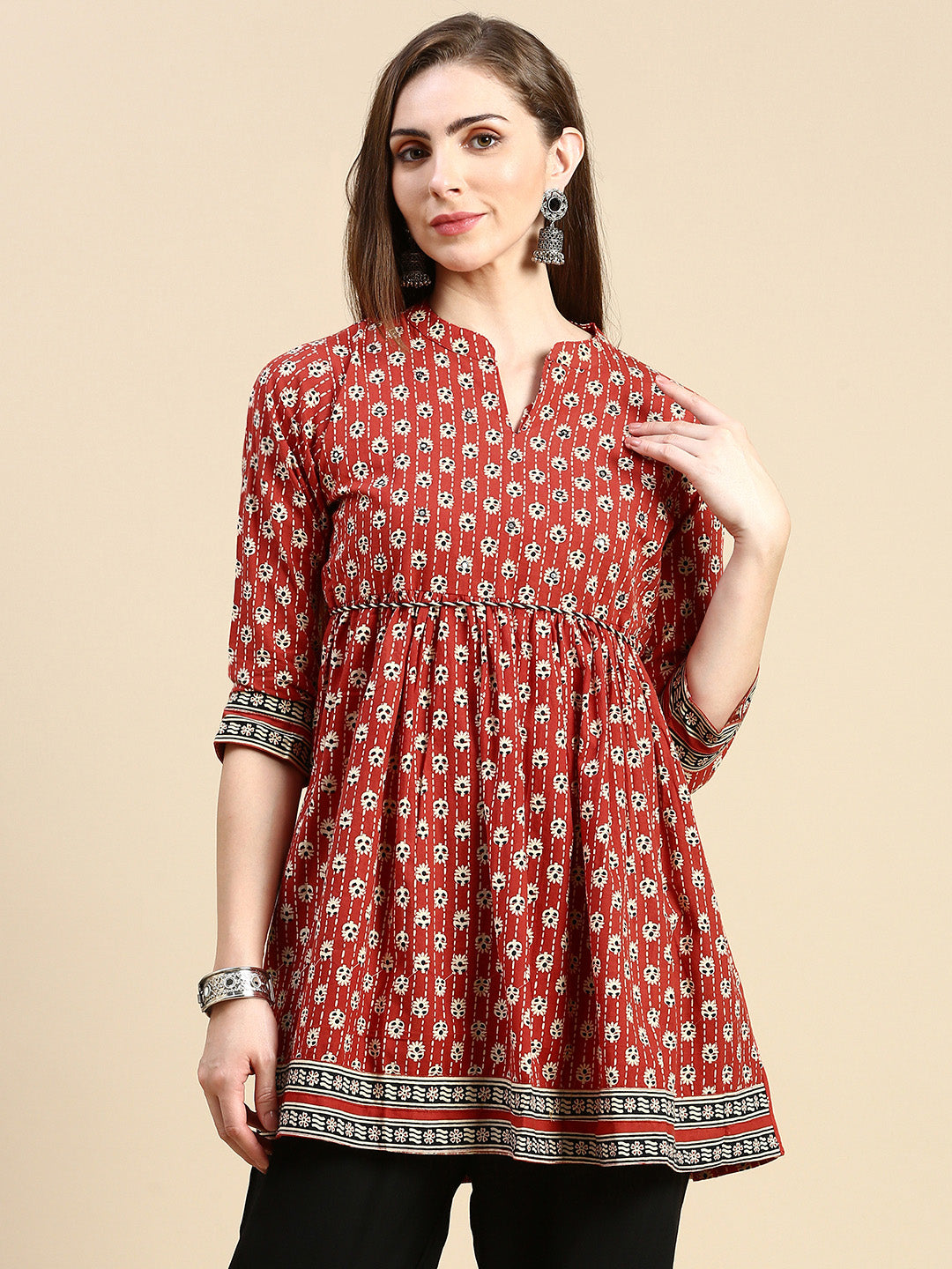 Women Floral Red Anarkali Empire Kurti