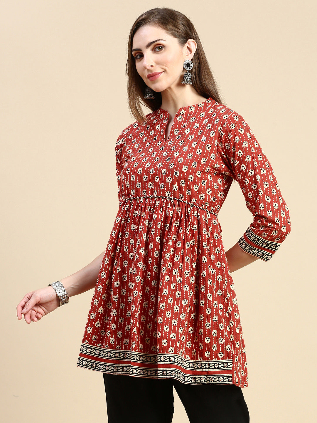 Women Floral Red Anarkali Empire Kurti