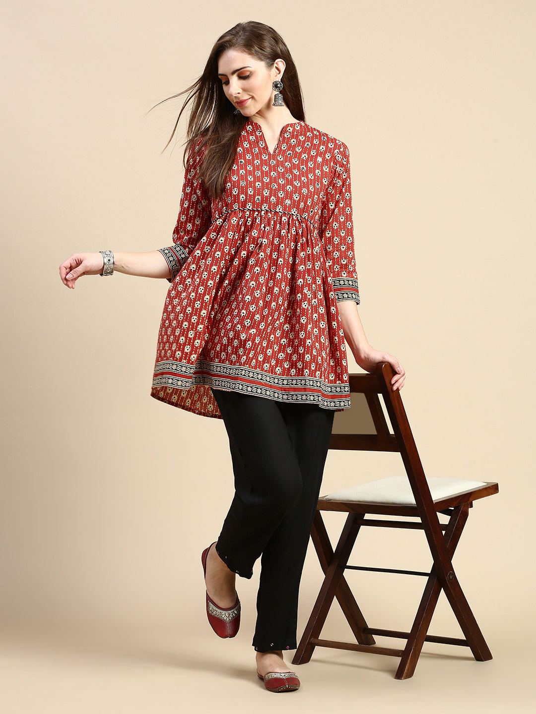 Women Floral Red Anarkali Empire Kurti