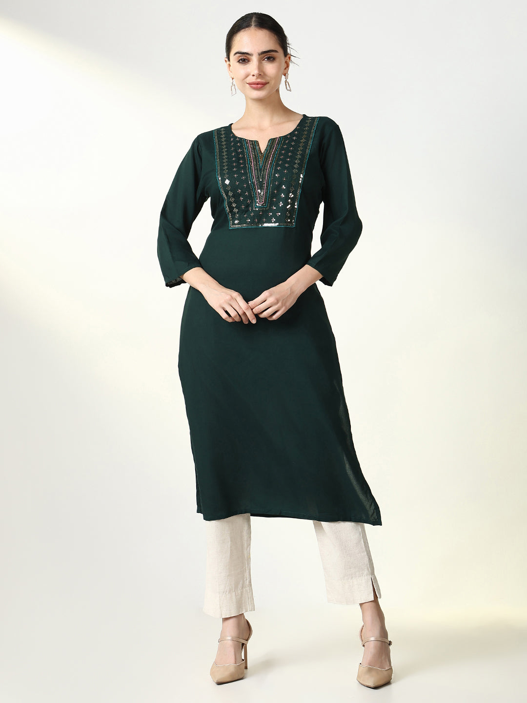 Women Embellished Straight Green Kurta