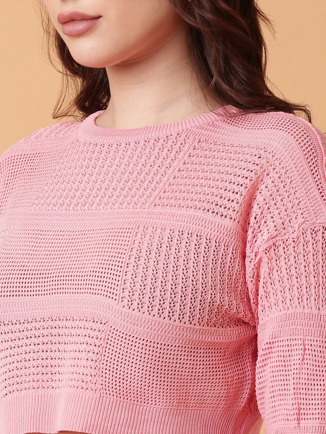 Women Pink Solid Crochet Crop Top