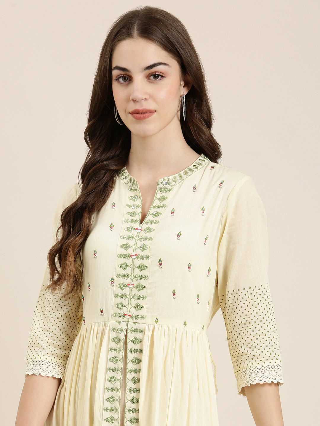 Women Mandarin Collar Solid Empire Cream Kurta