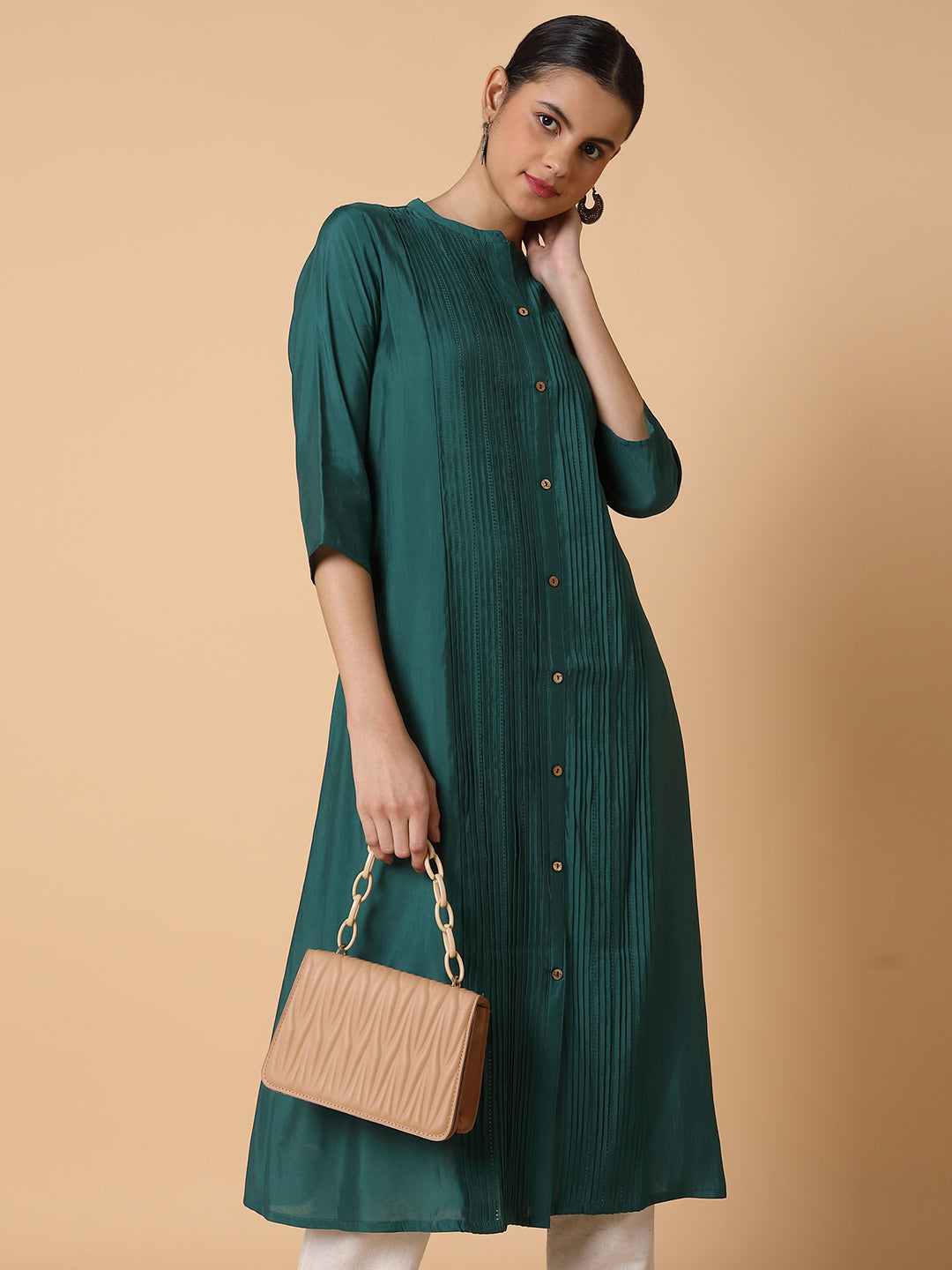 Women Solid Green A Line Kurta