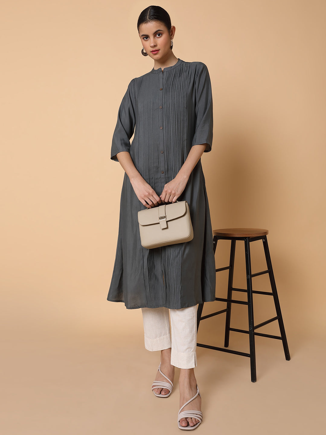 Women Solid Grey A Line Kurta