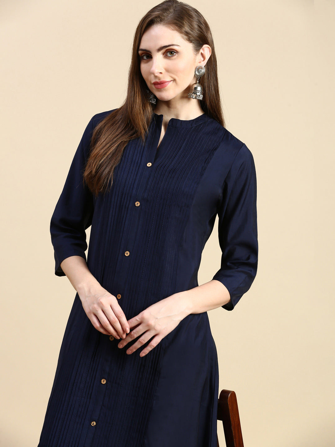 Women Solid Navy Blue A-Line Kurta