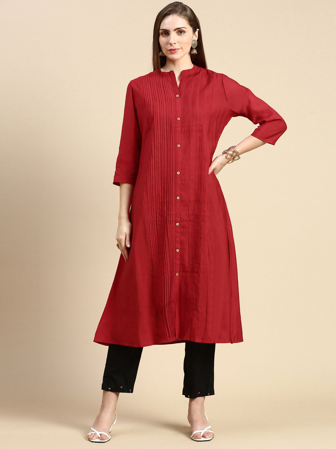 Women Solid Red A-Line Kurta