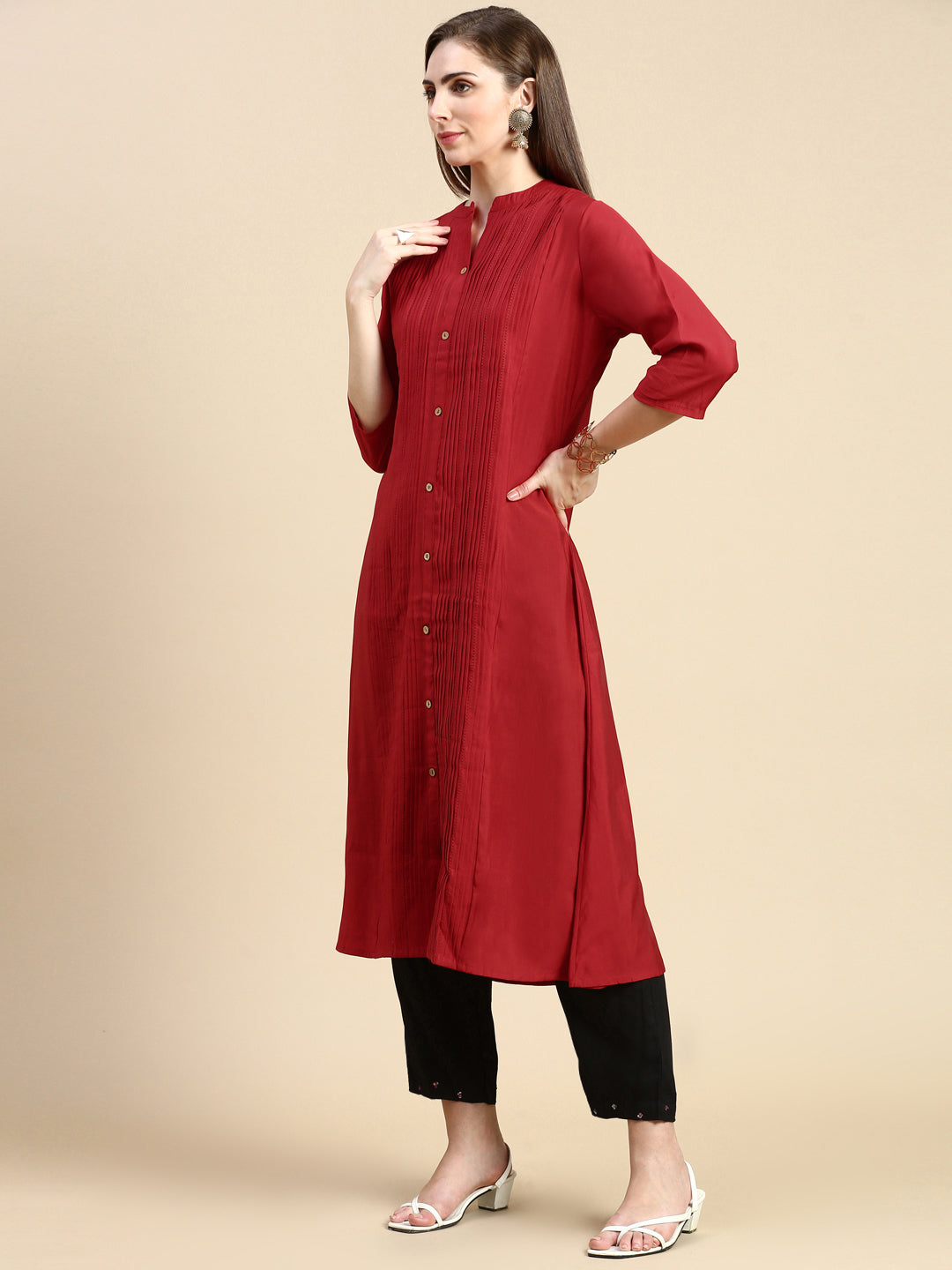 Women Solid Red A-Line Kurta