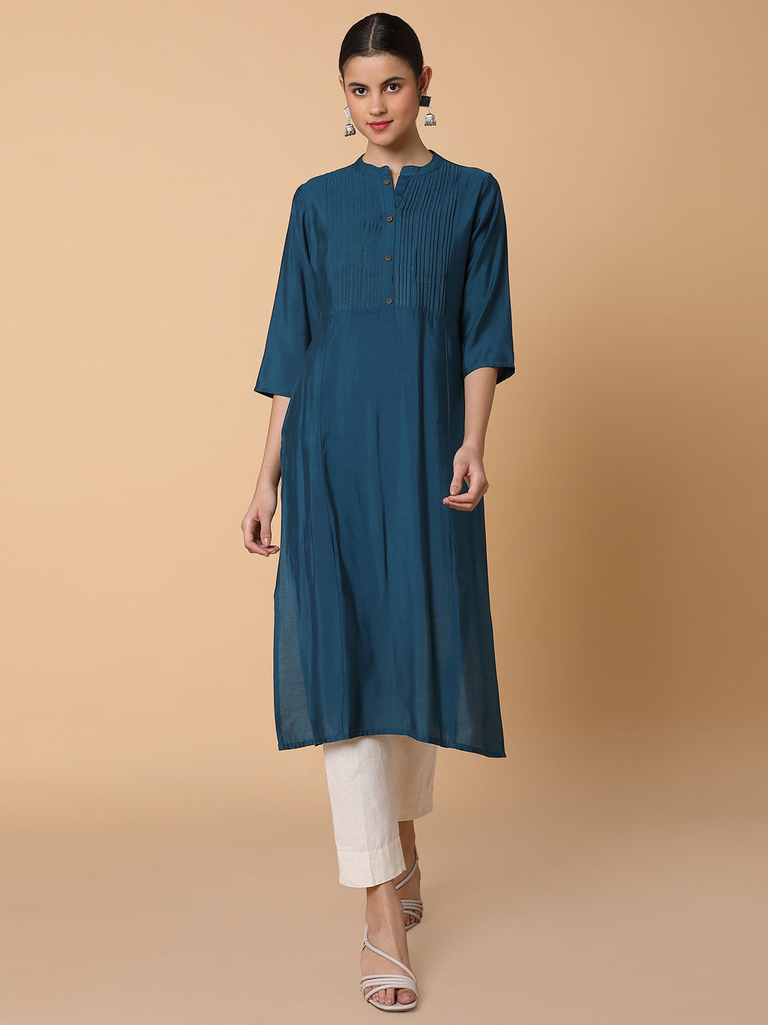 Women Solid Teal Straight Kurta