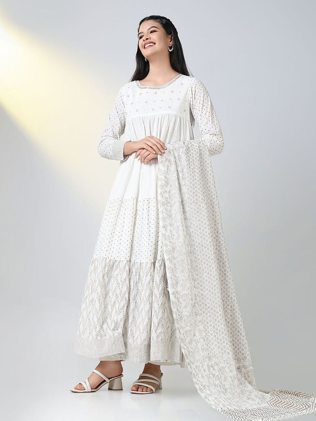 Women White Ethnic Motifs Anarkali Kurta with Dupatta