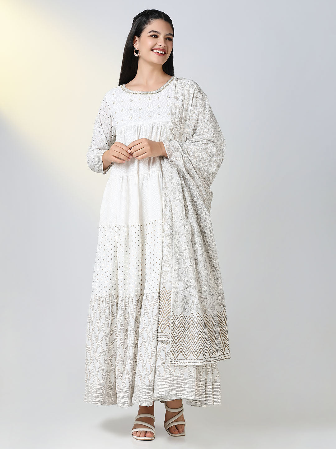 Women White Ethnic Motifs Anarkali Kurta with Dupatta