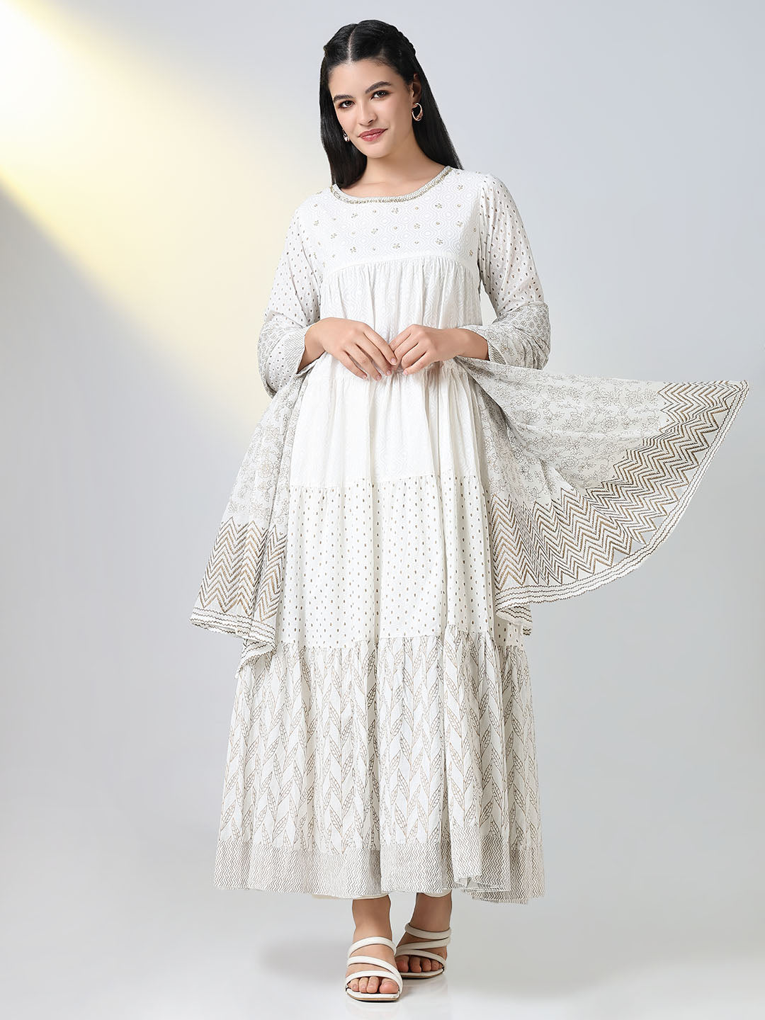 Women White Ethnic Motifs Anarkali Kurta with Dupatta