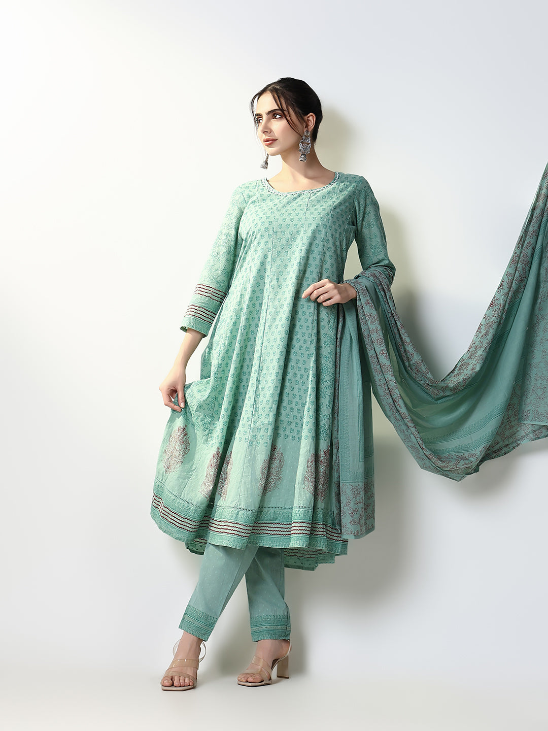 Women Floral Green Anarkali Kurta Set with Dupatta