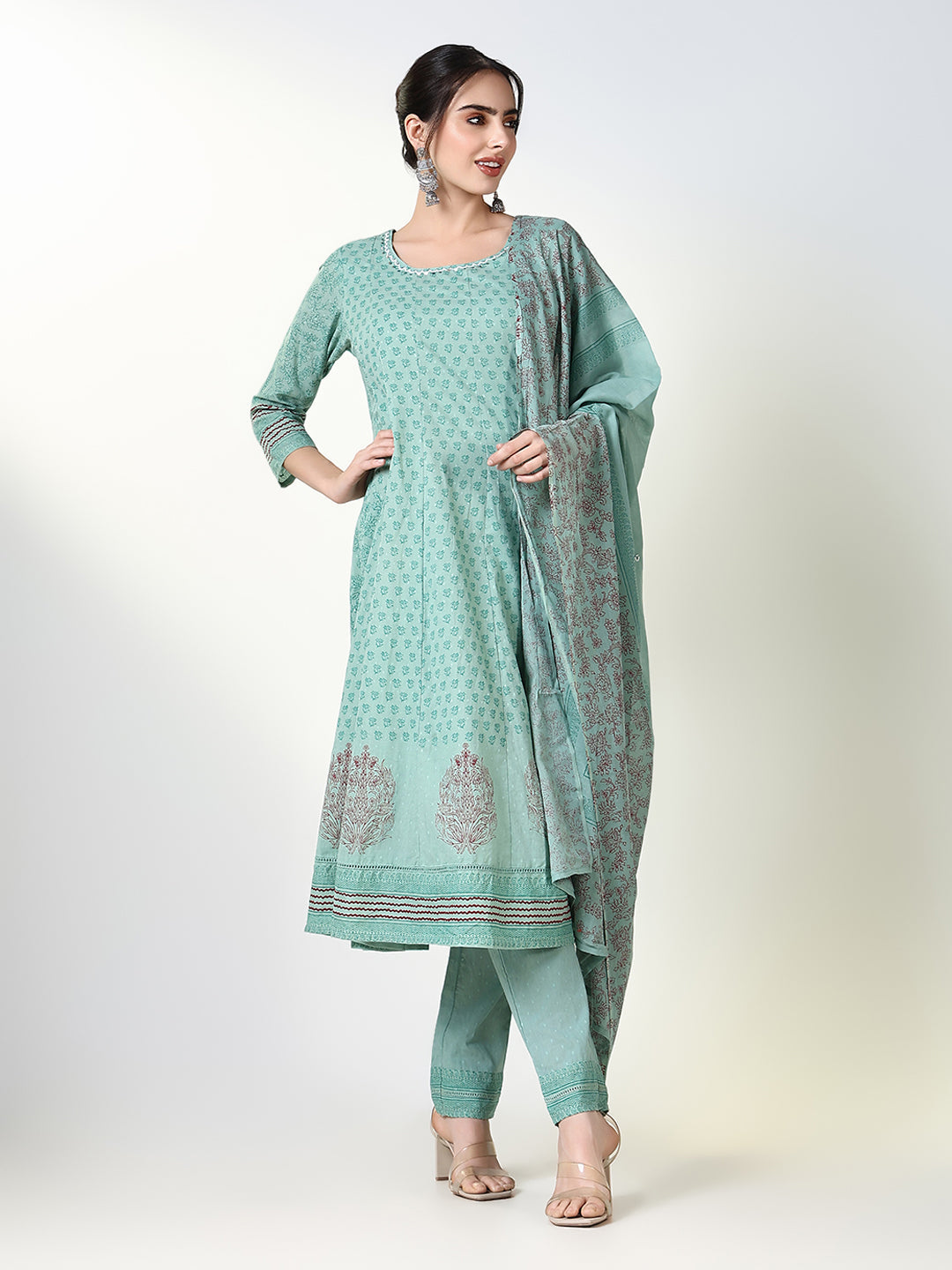 Women Floral Green Anarkali Kurta Set with Dupatta