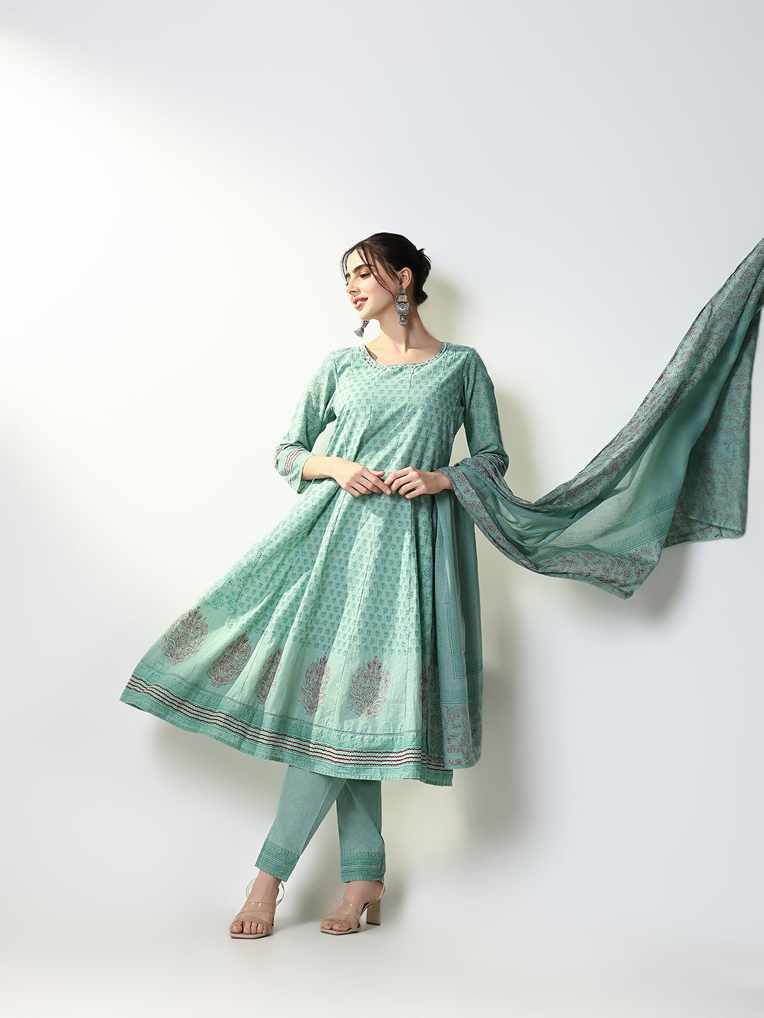 Women Floral Green Anarkali Kurta Set with Dupatta