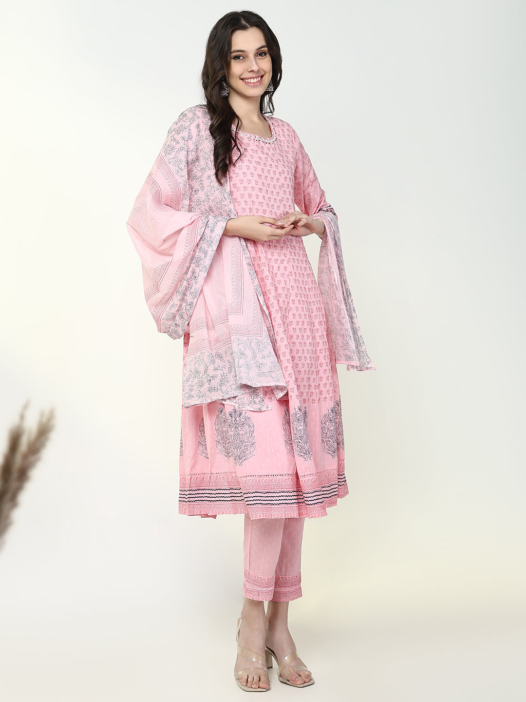 Women Floral Pink Anarkali Kurta Set with Dupatta