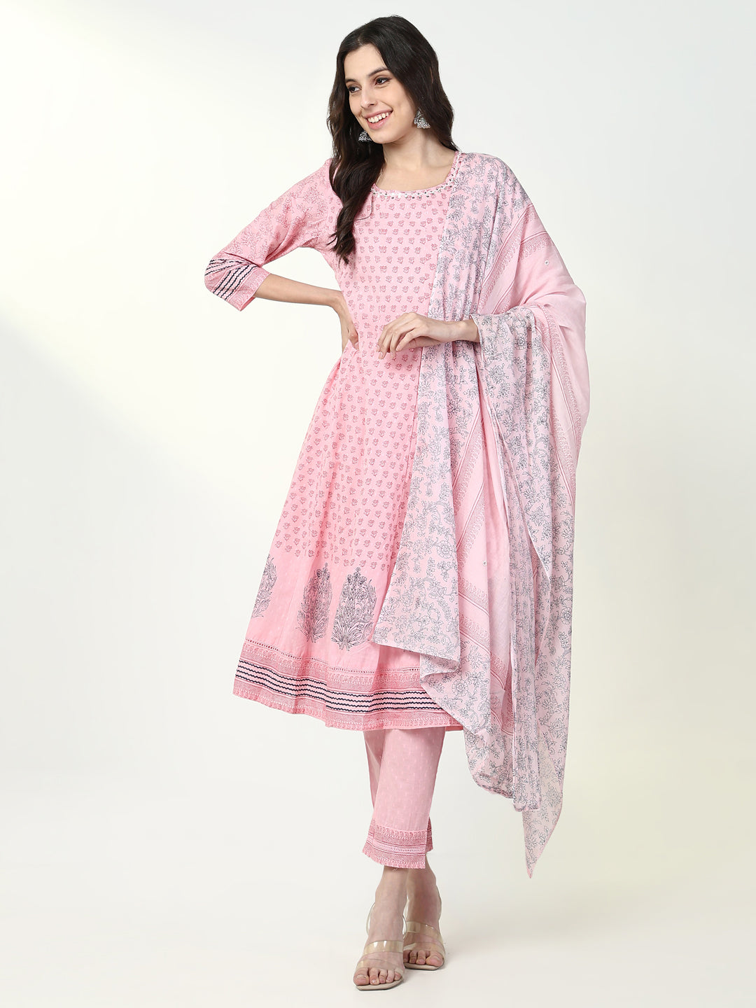 Women Floral Pink Anarkali Kurta Set with Dupatta