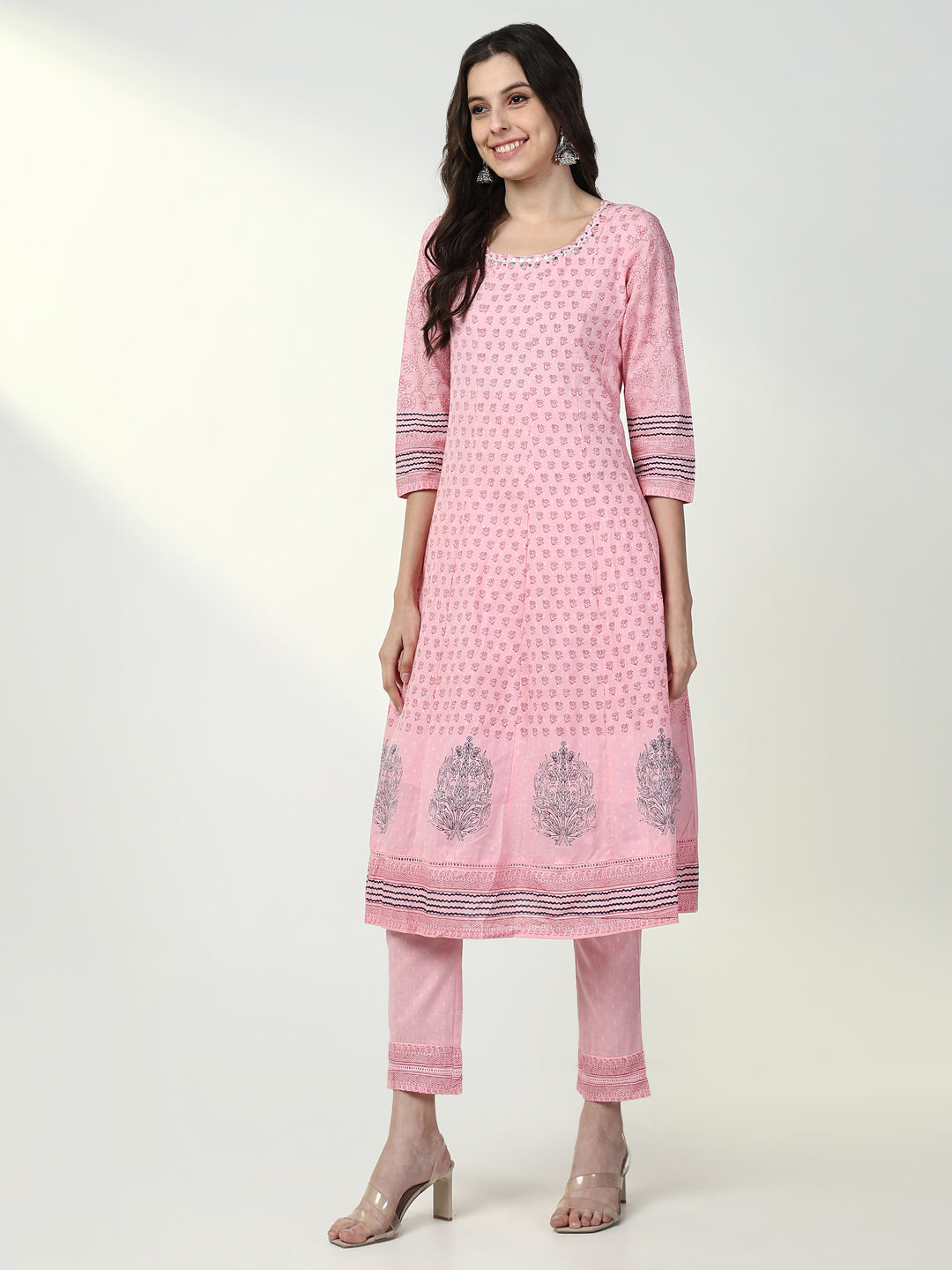 Women Floral Pink Anarkali Kurta Set with Dupatta